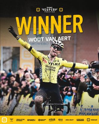 Wout van Aert of Visma-Lease a Bike wins Superprestige Gullegem and makes a funny face to salute his son's birthday