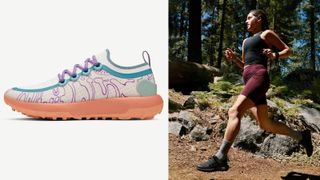 composite of a printed trainer with lilac laces and peach sole with a woman running in a pair of black trainers