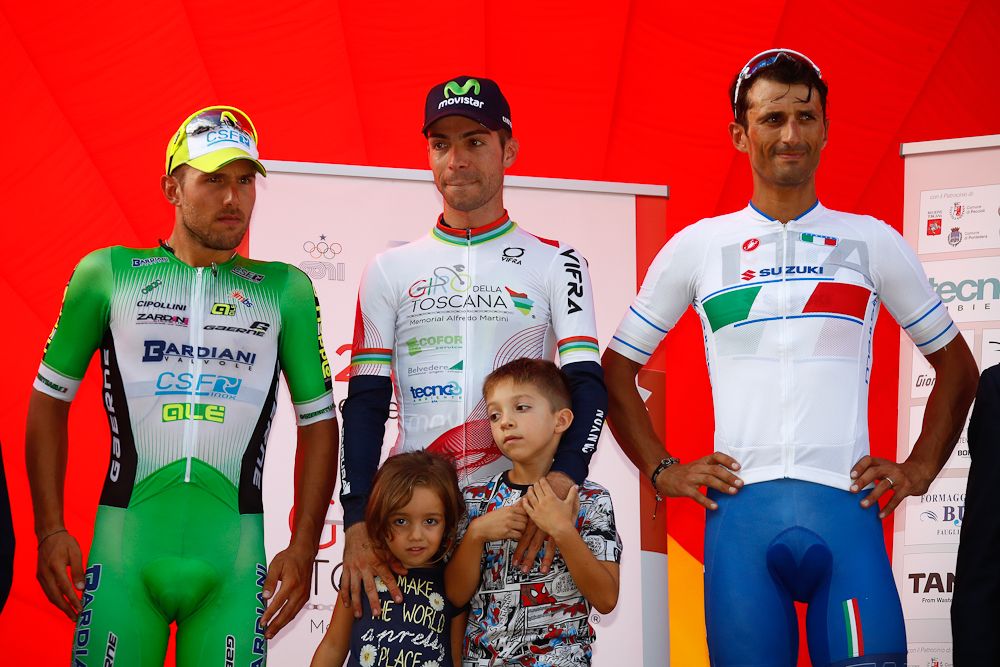 The Giro della Toscana stage 1 podium: Colbrelli, Visconti and Bennati