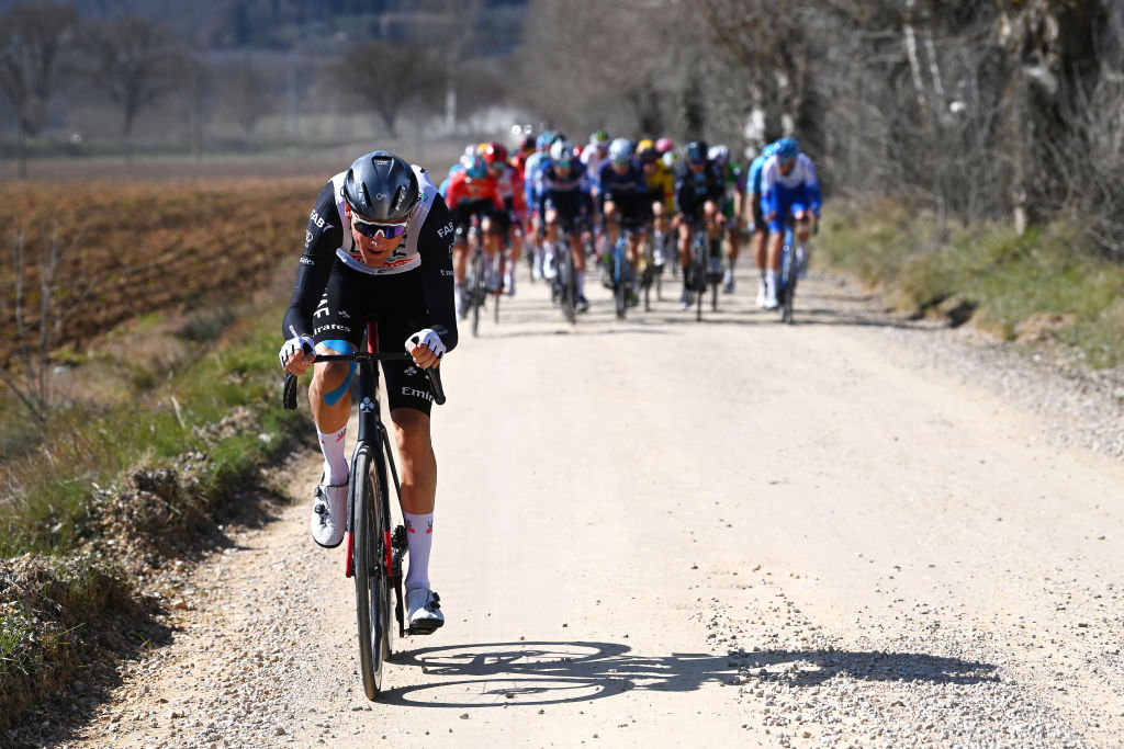 SIENA ITALY MARCH 04 Sjoerd Bax of The Netherlands and UAE Team Emirates attacks during the Eroica 17th Strade Bianche 2023 Mens Elite a 184km one day race from Siena to Siena 318m StradeBianche on March 04 2023 in Siena Italy Photo by Tim de WaeleGetty Images