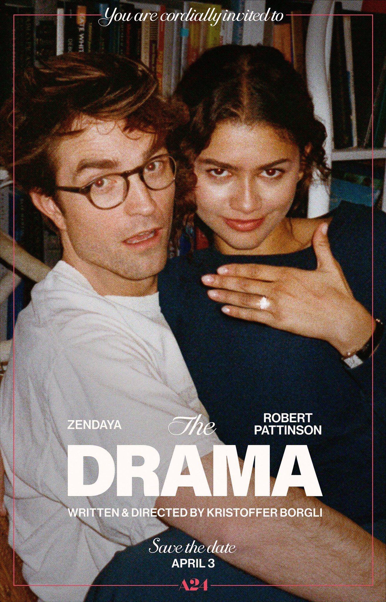 Poster for The Drama featuring Zendaya showing off an engagement ring while sat on Robert Pattison's lap