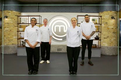 contestants appearing on Masterchef: The Professionals final posing in the Masterchef kitchen