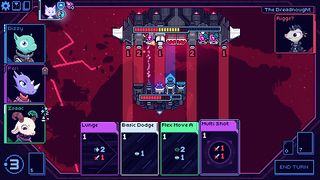 Image form sci-fi roguelike deckbuilder Cobalt Core of two spaceships facing off against each other