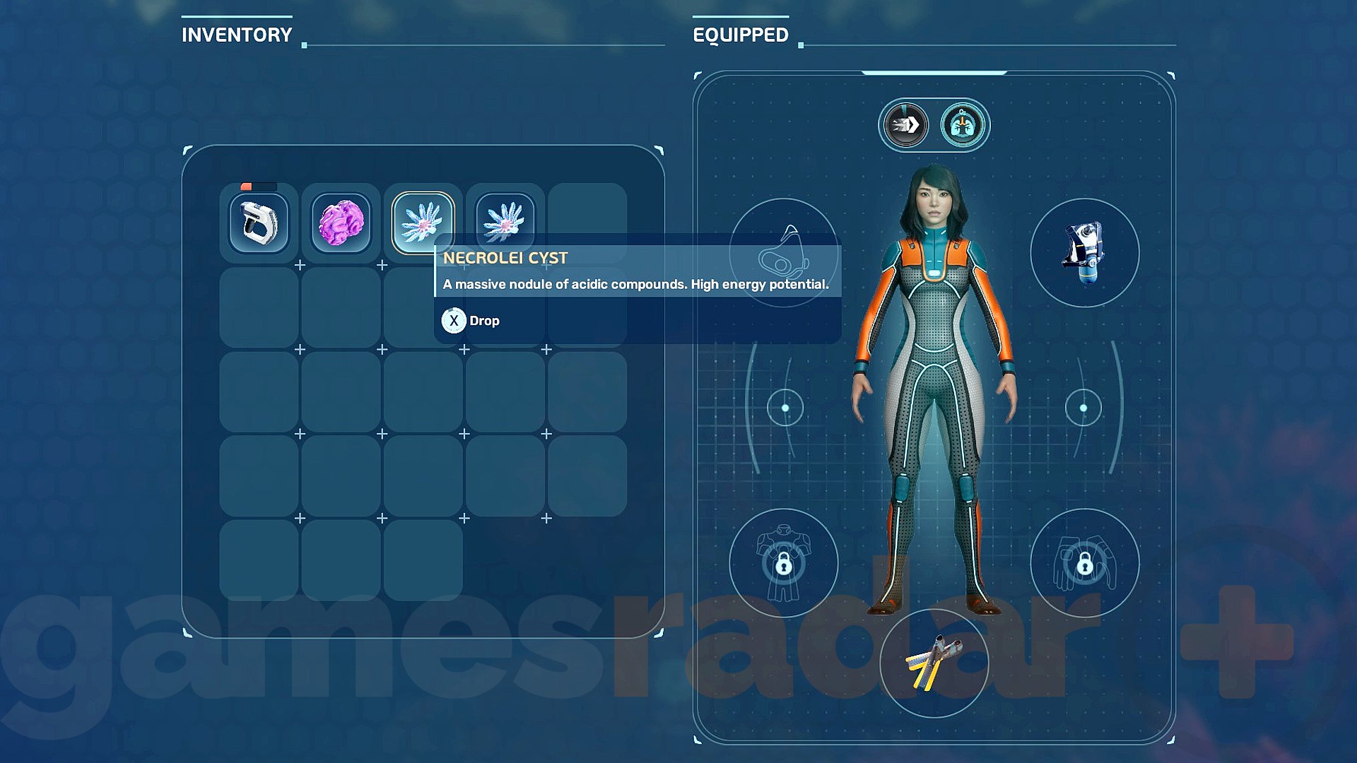 The players inventory in Subnautica 2, showing Necrolei Cysts