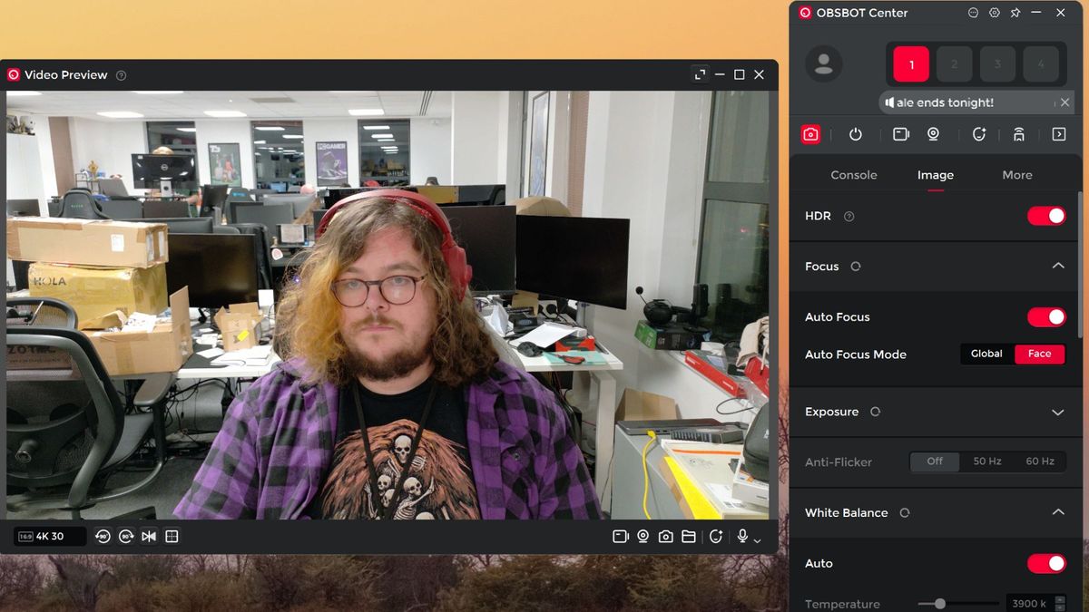 A screenshot of the Obsbot software interface (with James Bentley's face in it)