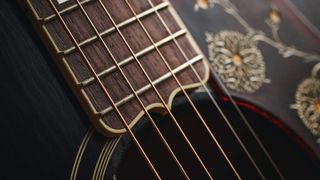 Close up of acoustic guitar strings on a Gibson Murphy Lab SJ200