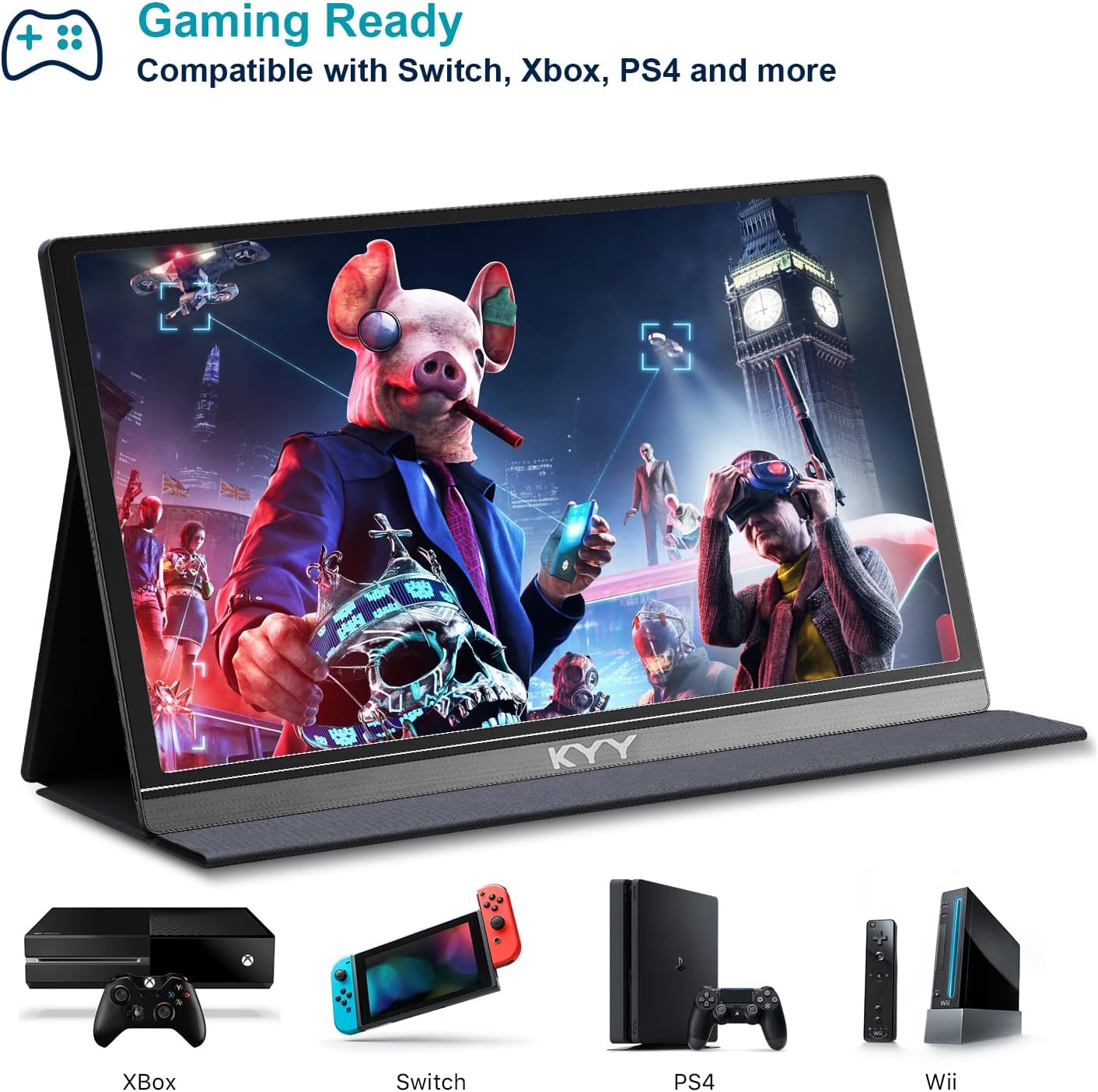 Alt text: A gaming monitor displays a vivid, surreal scene with characters in masks holding devices, set against landmarks like Big Ben. Text states its compatibility with Xbox, Switch, PS4, and Wii.