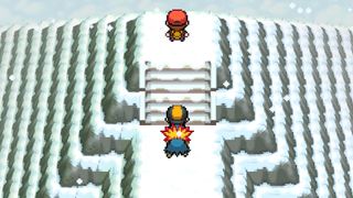 A Pokemon trainer approached Red in Heart Gold on top of a snowy mountain