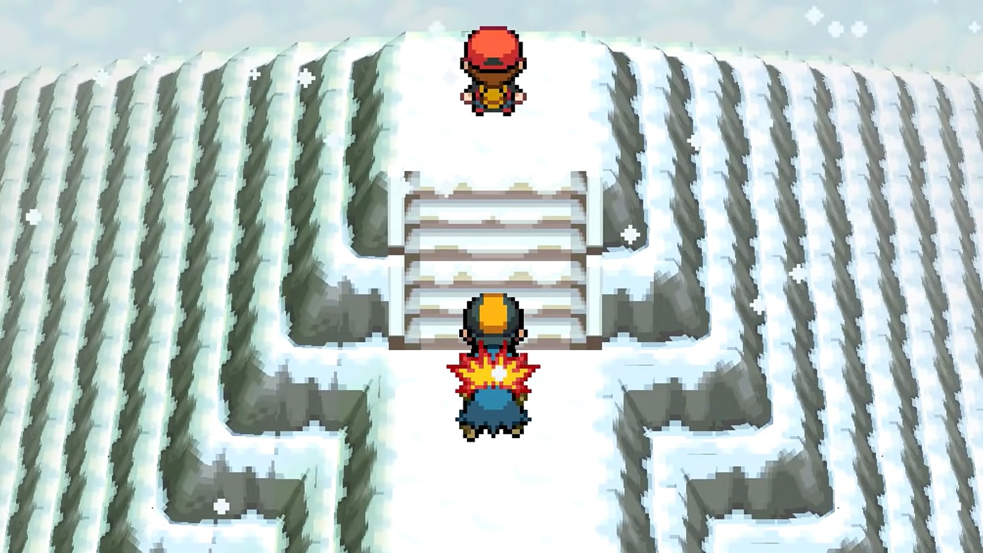 Ein Pokémon-Trainer näherte sich Rot in Herzgold auf einem schneebedeckten Berg