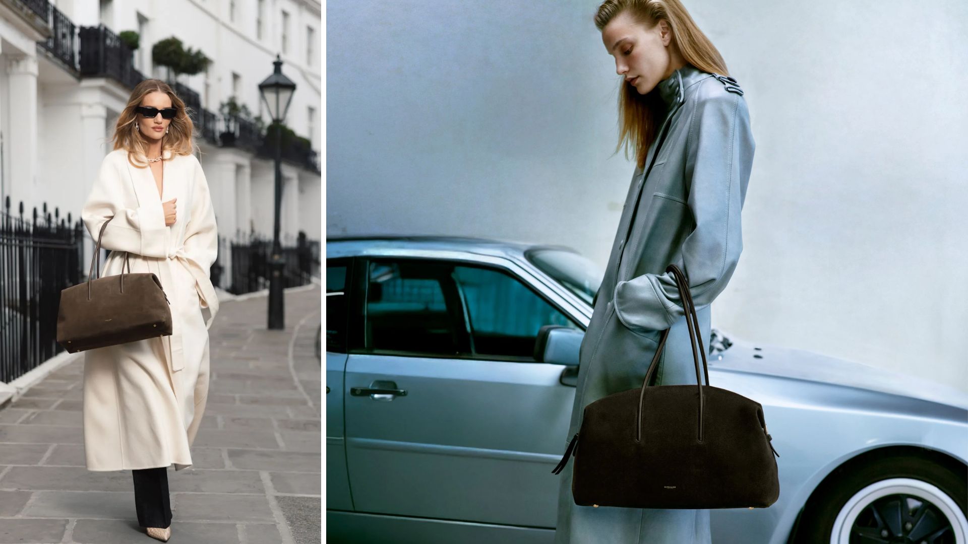 Rosie Huntington-Whiteley and a model carrying the DeMellier Stockholm bag