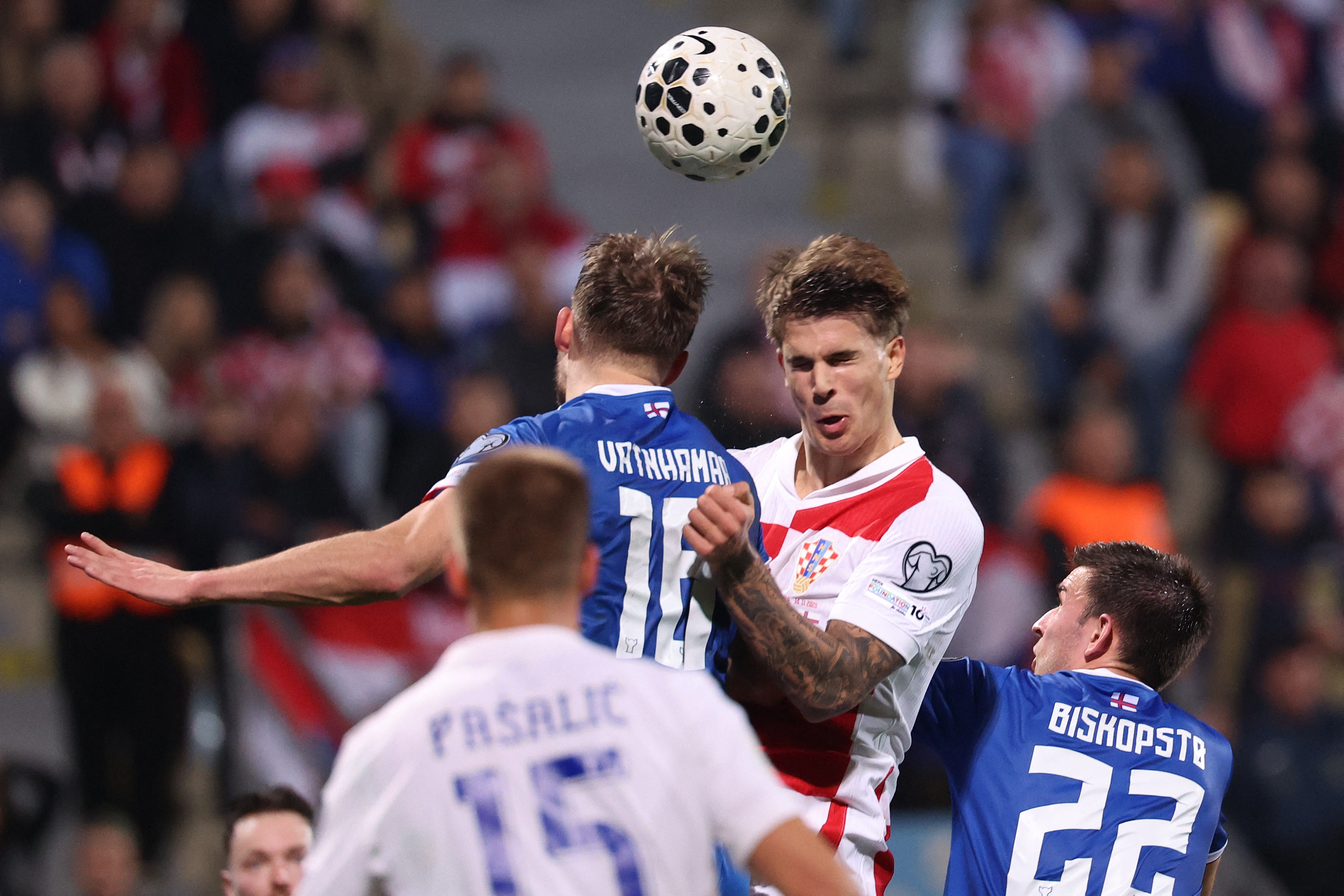 Croatia's defender #22 Luka Vuskovic (2ndR) fights for the ball with Faroe's midfielder #18 Petur Knudsen during the 2026 World Cup qualifiers Europe zone group L football match between Croatia and Faroe Islands at the Stadion HNK in Rijeka, on November 14, 2025. (Photo by AFP)