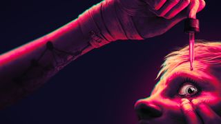 Key art for Sleep Awake showing Katja using an eye serum with stark red lighting