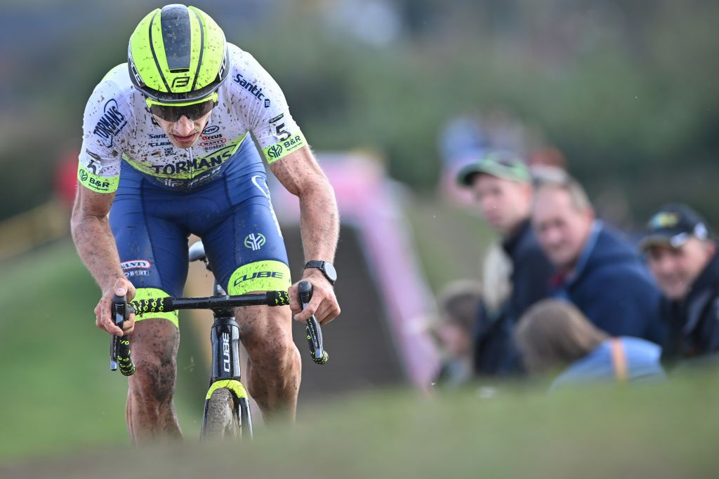 Belgian Quinten Hermans pictured in action during the men elite race of the Cyclocross Ruddervoorde the second stage of the Superprestige cyclocross cycling competition Saturday 23 October 2021 in Ruddervoorde Oostkamp BELGA PHOTO DAVID STOCKMAN Photo by DAVID STOCKMANBELGA MAGAFP via Getty Images