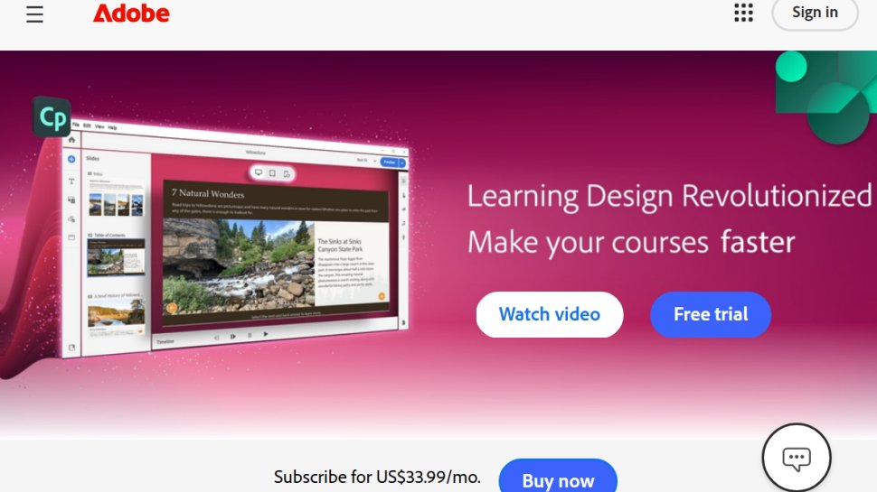 Website screenshot of Adobe Captivate (September, 2025)