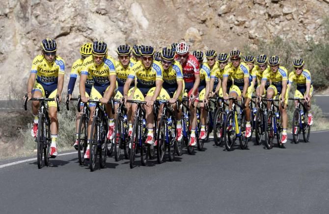 Alberto Contador leads his Tinkoff-Saxo teammates on a training ride.