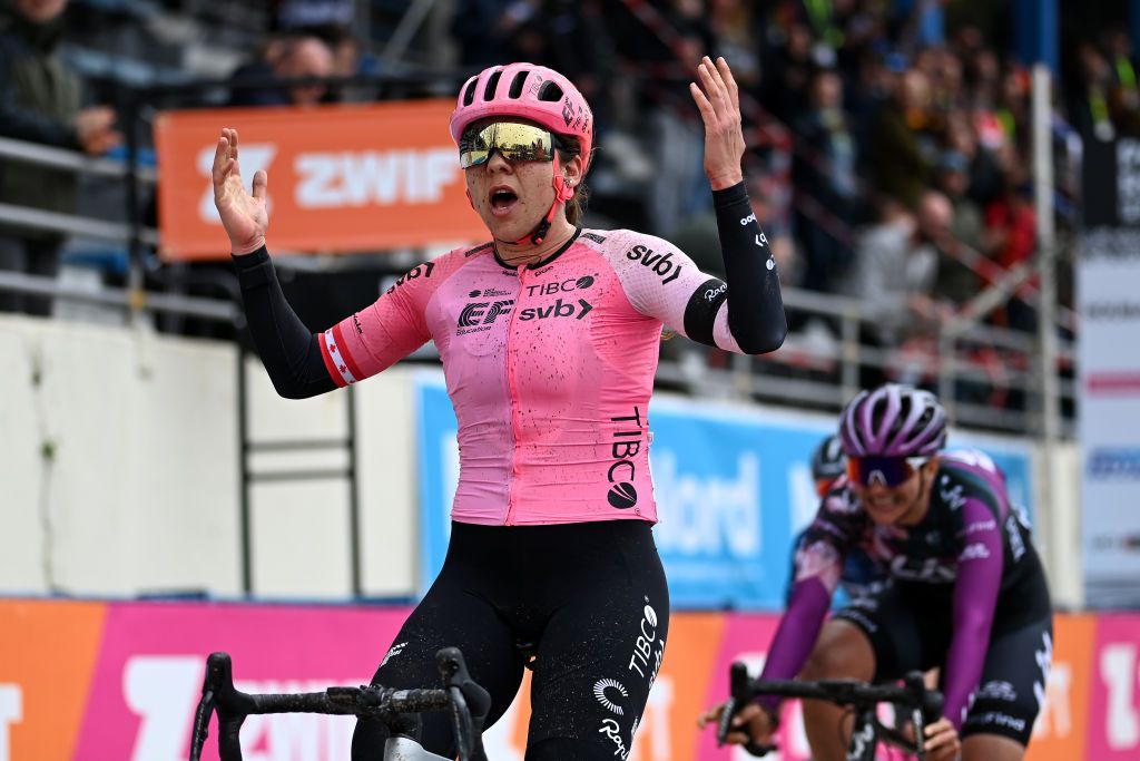 ROUBAIX FRANCE APRIL 08 Alison Jackson of Canada and Team EF EducationTibcoSvb celebrates at finish line as race winner during the 3rd ParisRoubaix Femmes 2023 a 1454km one day race from Denain to Roubaix UCIWWT on April 08 2023 in Roubaix France Photo by Tim de WaeleGetty Images