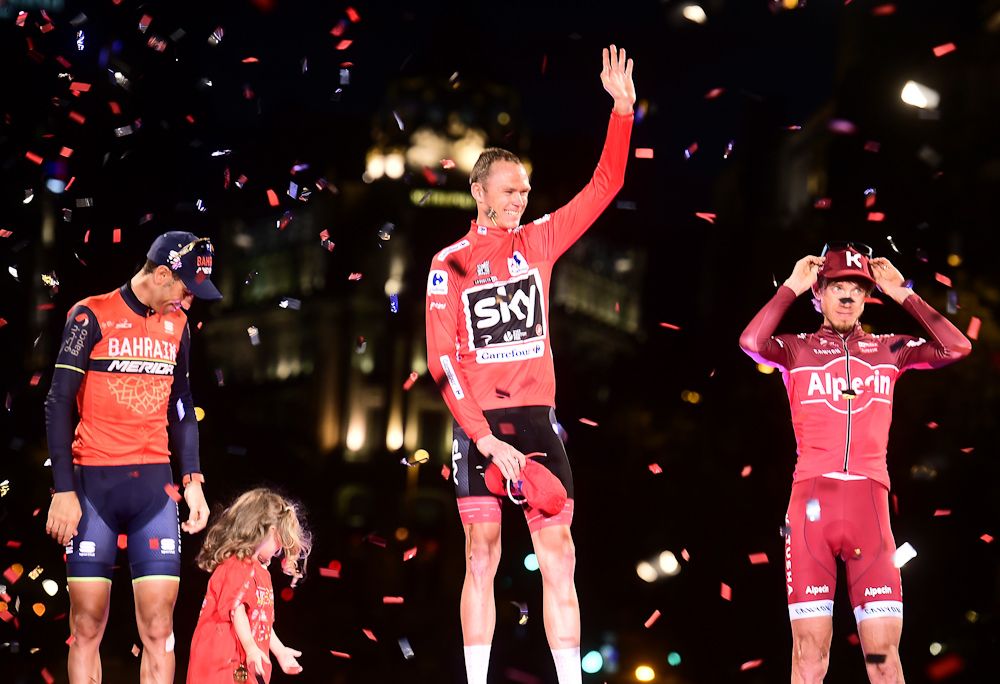 Chris Froome, Vincenzo Nibali and Ilnur Zakarin on the 2017 Vuelta podium