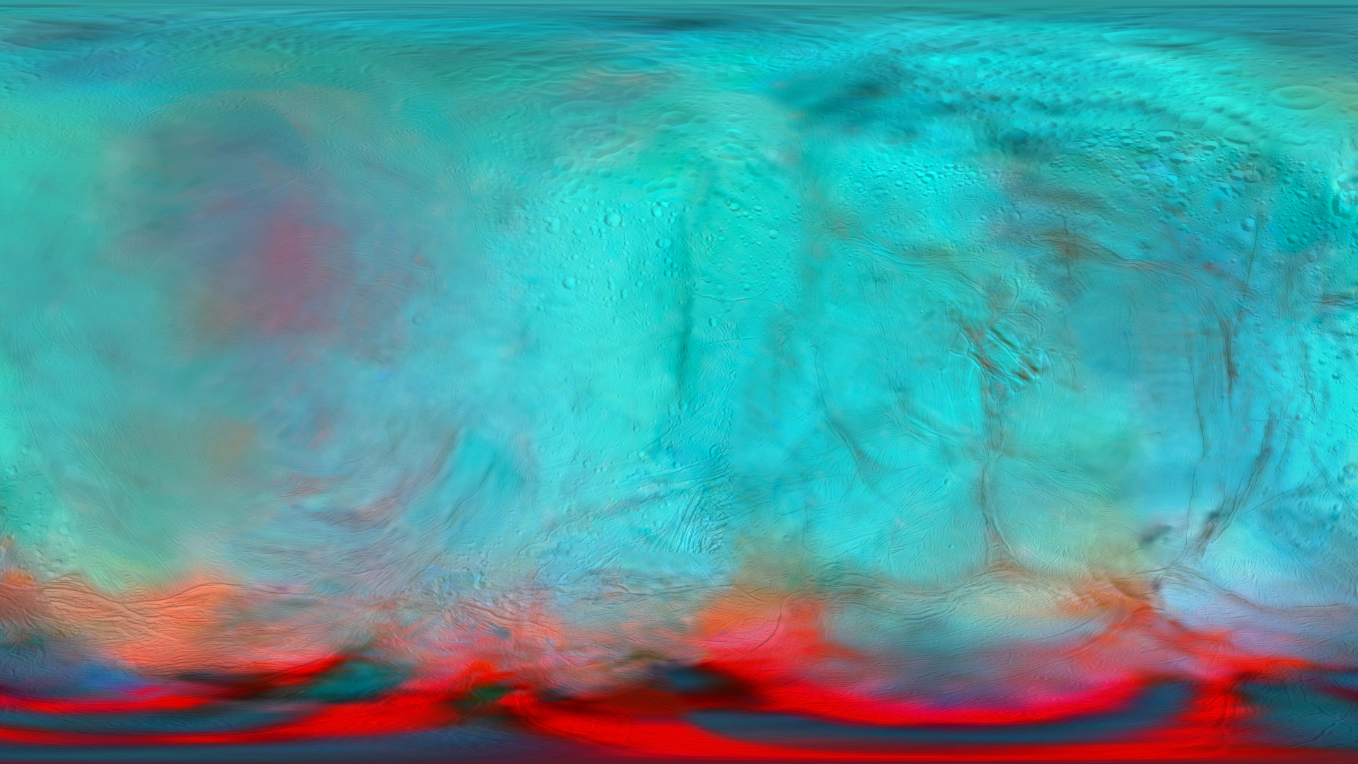 the infrared maps looks like an abstract painting with vibrant hues of blue and green covering a majority of the moon and a distinct red orange portion in the lower fifth of the image.