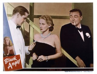 a promotional poster of the movie Black Angel featuring a woman in a gown and two men in suits