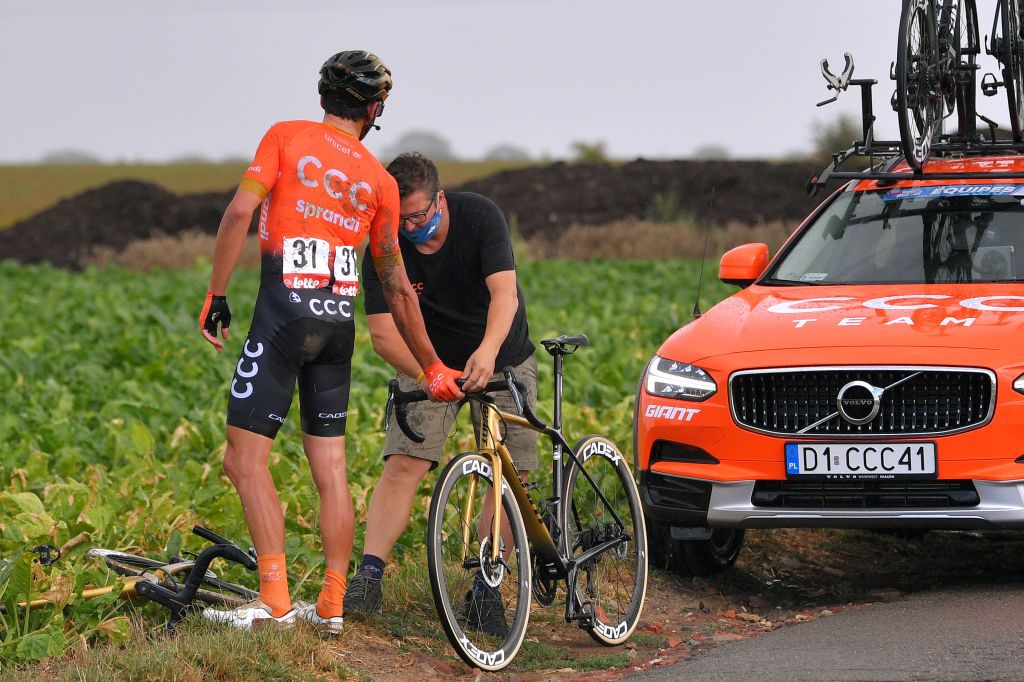 WAVRE BELGIUM AUGUST 17 Greg Van Avermaet of Belgium and CCC Team Crash Injury Mechanical Problem Bike Car during the 41st Tour de Wallonie 2020 Stage 2 a 1723km stage from Frasnes Lez Anvaing to Wavre TourdeWallonie TRW2020 on August 17 2020 in Wavre Belgium Photo by Luc ClaessenGetty Images
