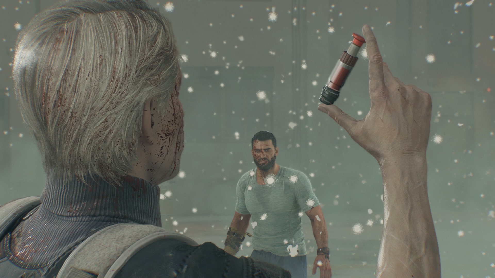 Dying Light the Beast screenshot of The Baron holding a phial of blood, with kyle seen in the midground watching in horror