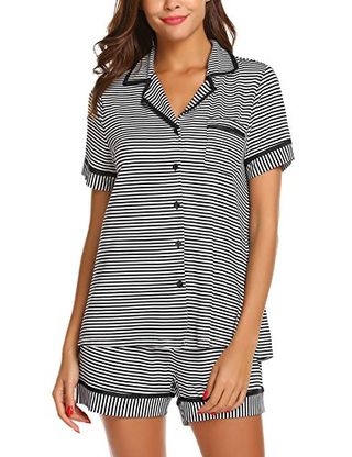 Ekouaer Women's Cotton Pajamas Sleepwear Shirt and Short Button-Down Pj Set (Black Striped M)