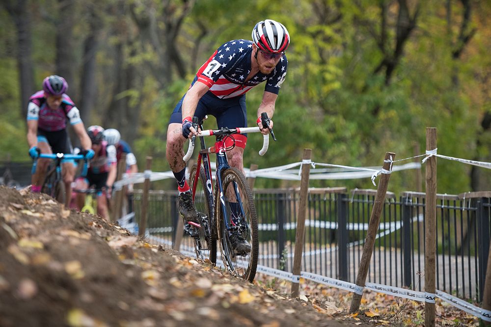 Stephen Hyde (USA) Cannondale Cyclocrossworld takes an off camber section of the course.