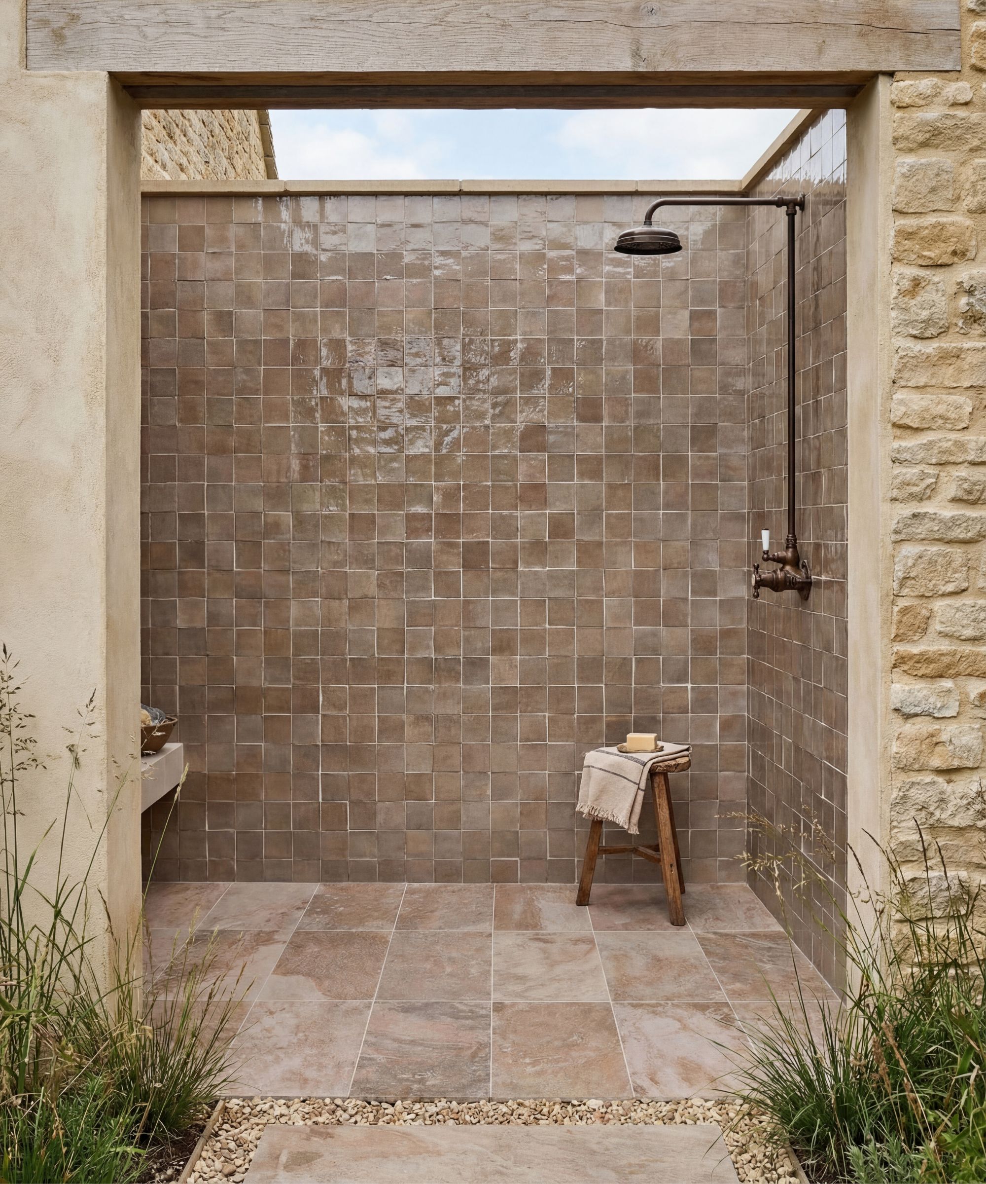 An open-air shower enclosure with floor-to-ceiling glazed brown square tiles, a vintage-style black rainfall showerhead, stone floor tiles, wooden stool and gravel surround.