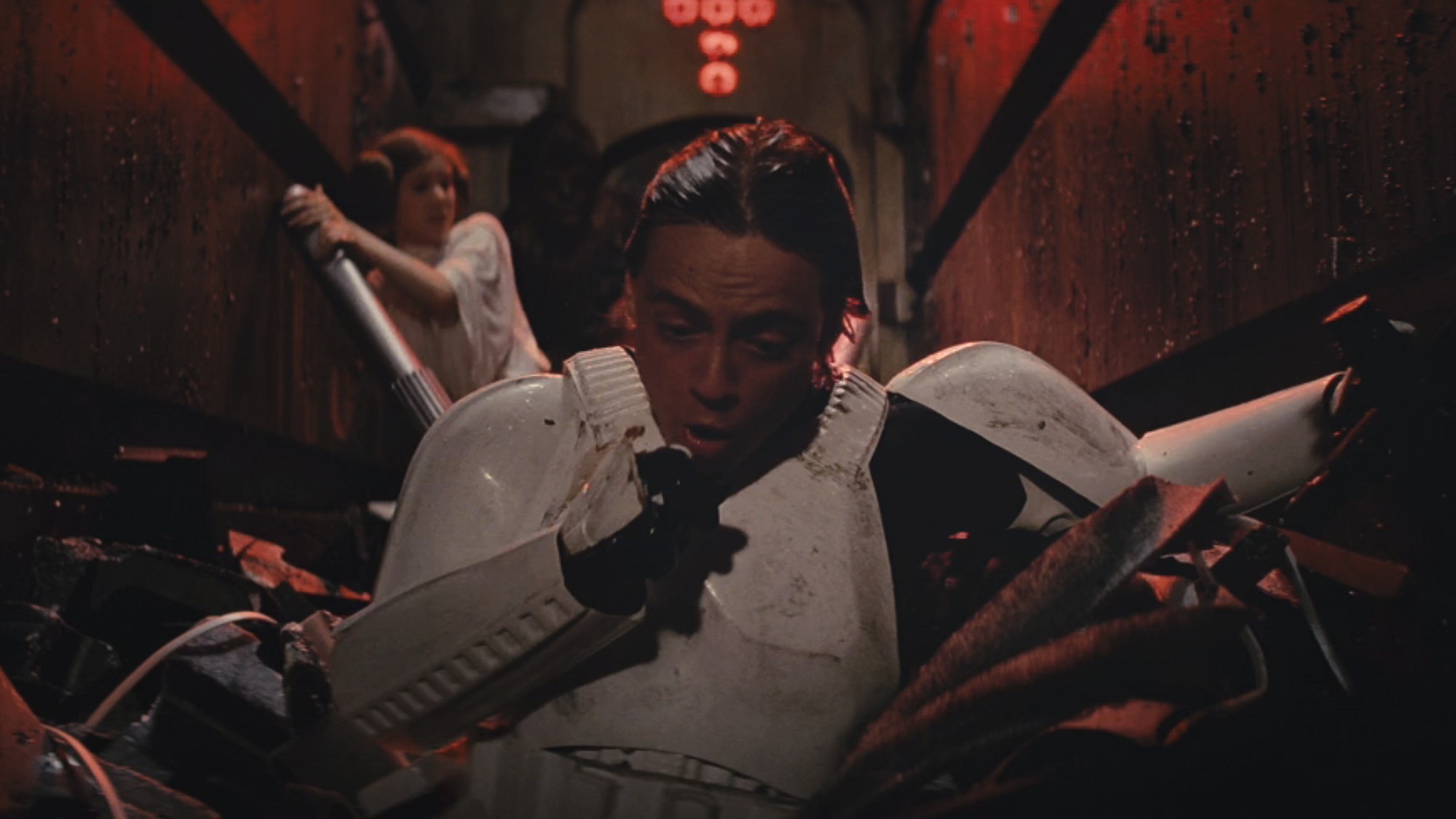 Luke Skywalker (Mark Hamill) calls for help in Star Wars: A New Hope.