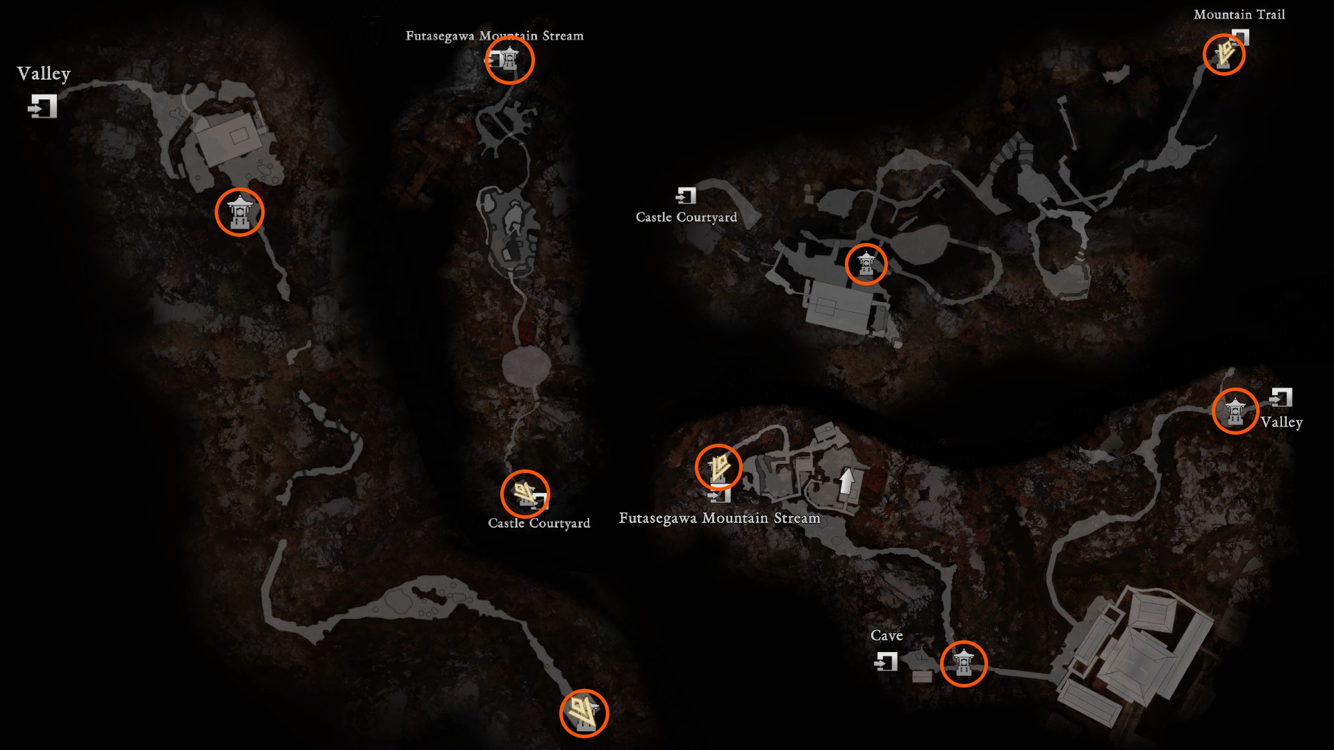 The Onimusha Way of the Sword fast travel points in Mount Oe marked on the in-game map.