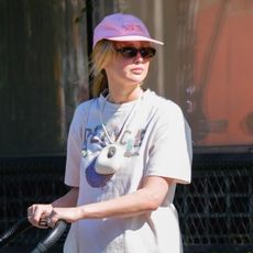 Jennifer Lawrence wearing a pink hat and T-shirt in NYC