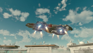 Scene from a video game, showing a spaceship taking off against a cloud-spotted sky.