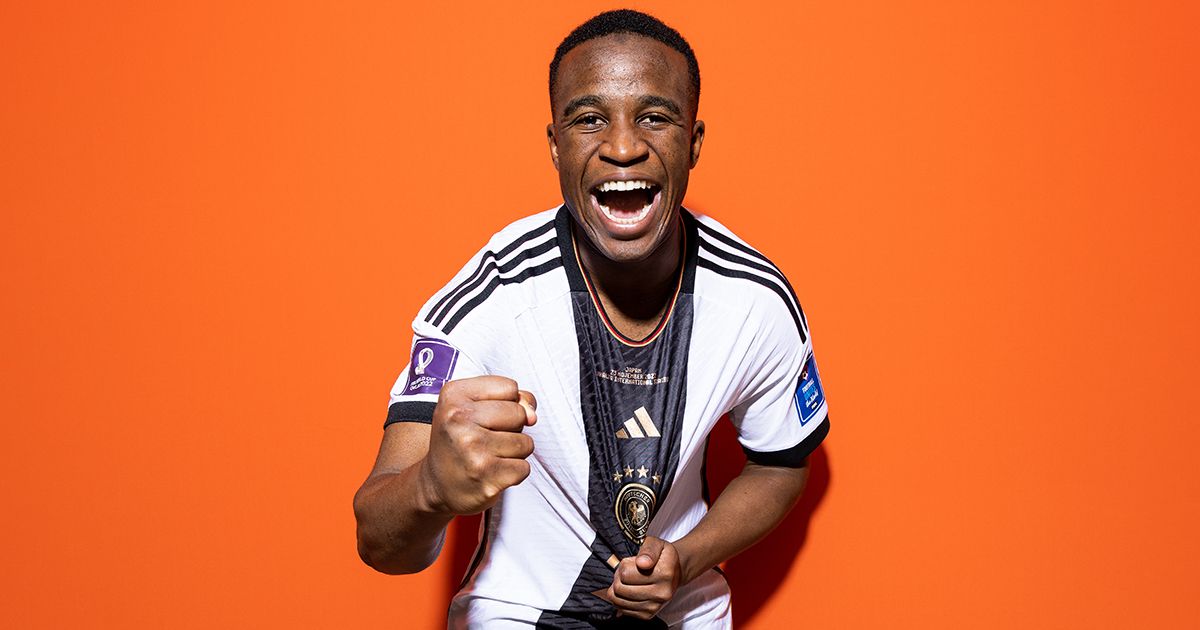 Newcastle United target Youssoufa Moukoko of Germany poses during the official FIFA World Cup Qatar 2022 portrait session on November 17, 2022 in Doha, Qatar.