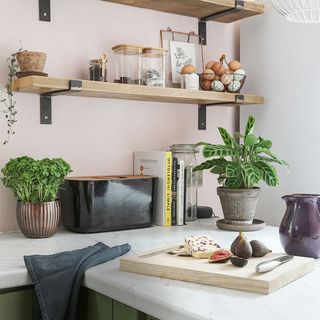 kitchen with pink walls and open shelves