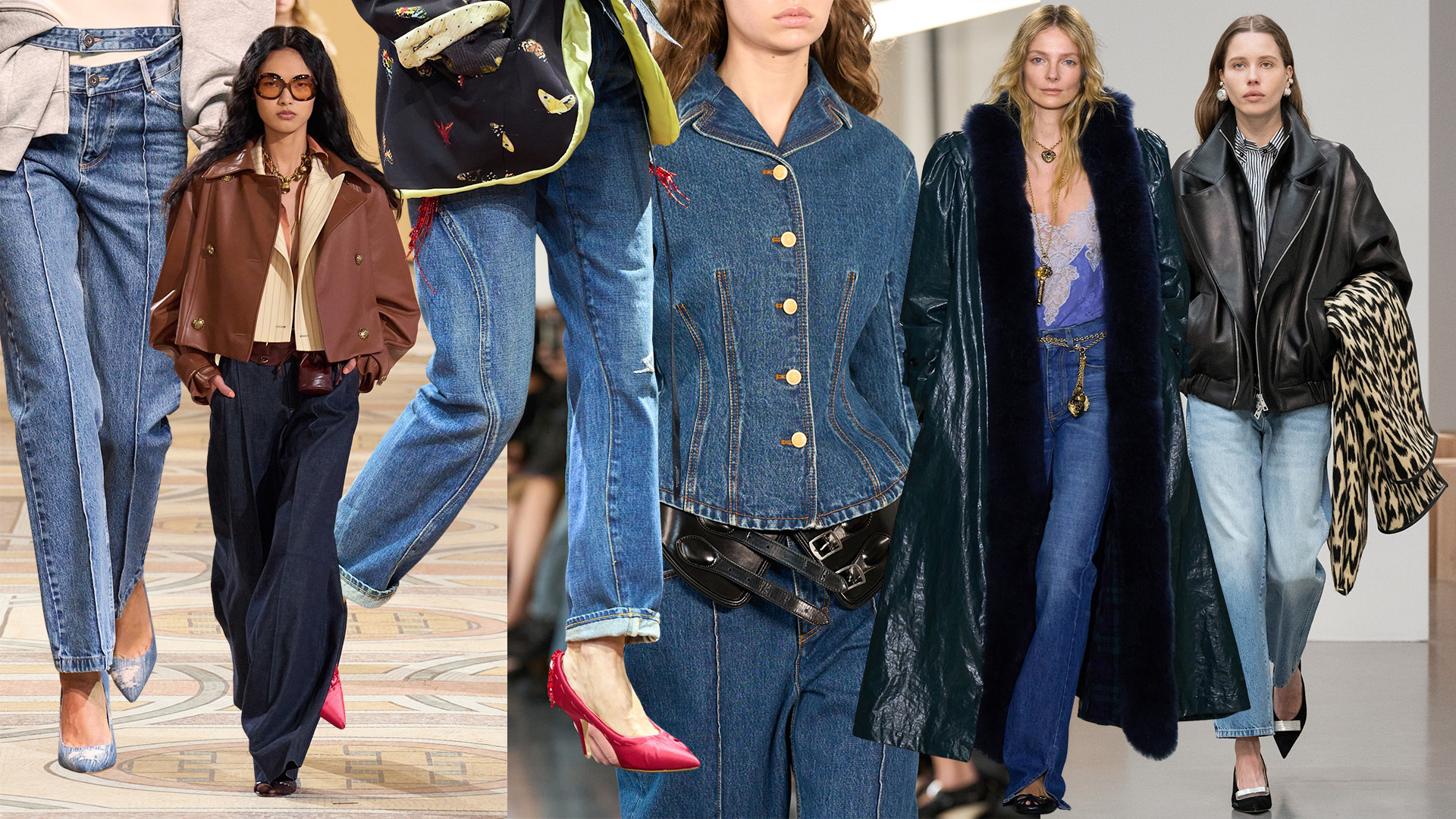 Woman in various denim outfits