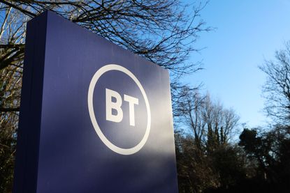 A BT logo is displayed outside the BT - EE Warrington Head Office on January 15, 2024 in Warrington, United Kingdom.
