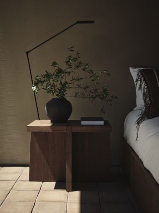 Wooden bedside table with a lamp & plant