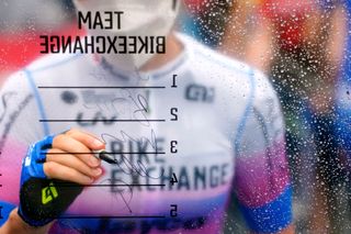 WILLIAMSTOWN AUSTRALIA JANUARY 23 Detailed view of Alexandra Manly of Australia and Team BikeExchangeJayco signs prior to the 2nd Santos Festival Of Cycling 2022 Womens Elite Stage 1 a 854km stage from Tanunda to Williamstown TourDownUnder on January 23 2022 in Williamstown Australia Photo by Daniel KaliszGetty Images