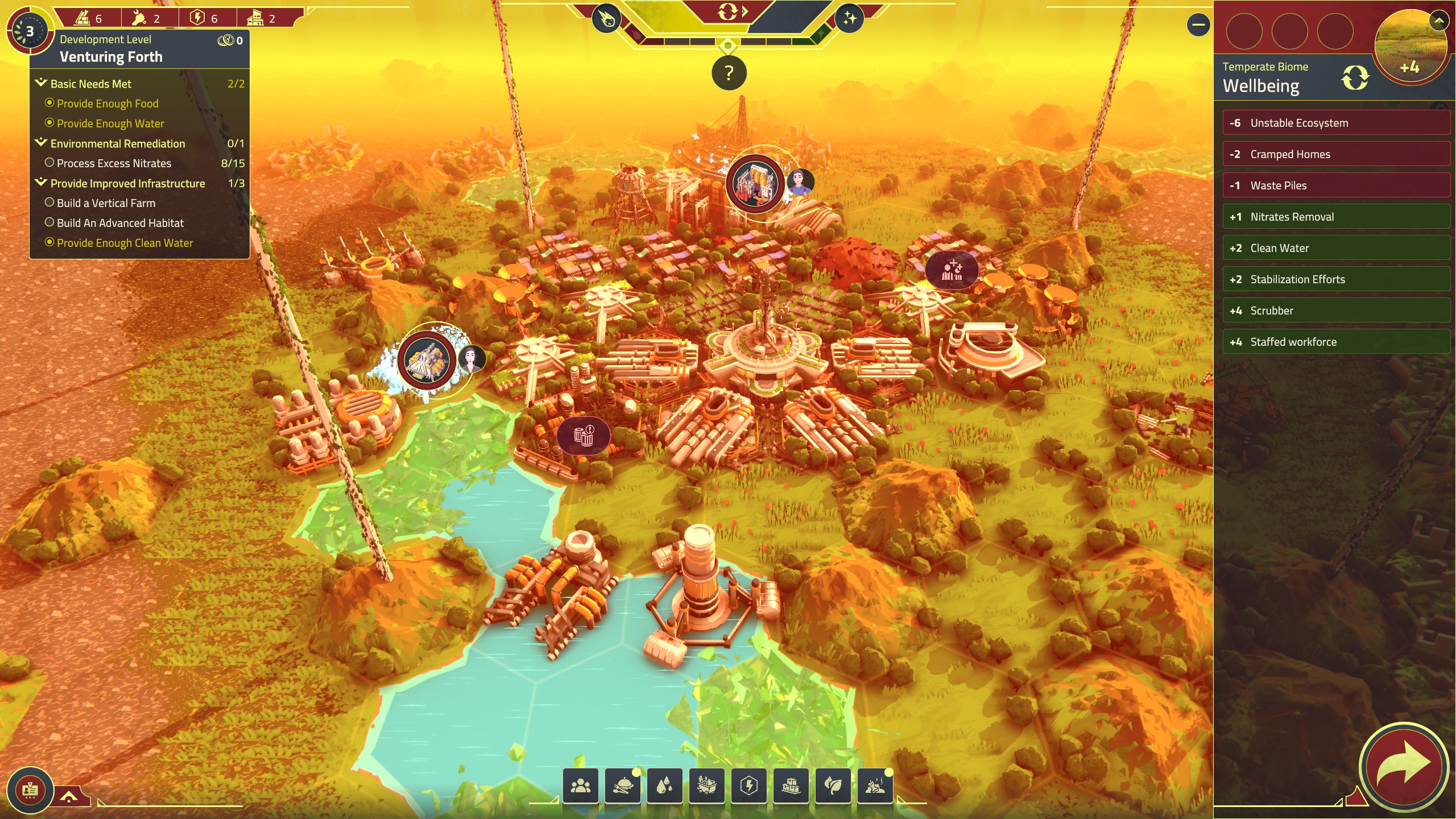 Colony overview in generation exile showing various structures on hex grid