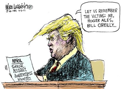 Political Cartoon U.S. April Sexual Assault awareness Trump victims Bill O'Reilly Roger Ailes