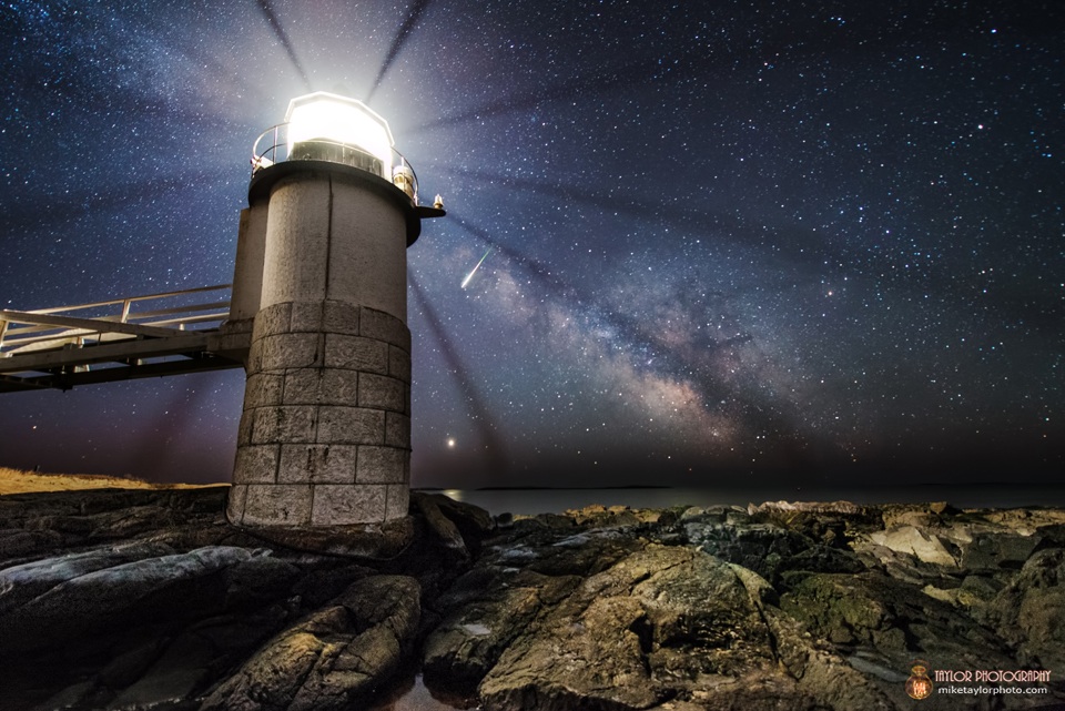 Meteor, Milky Way and Venus over Lighthouse by Mike Taylor