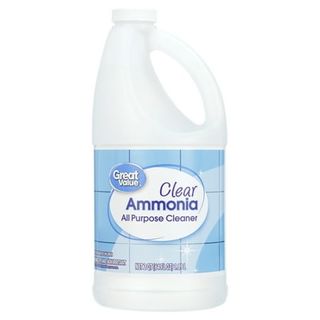 A side on view of a clear plastic bottle of Great Value Clear Ammonia All-Purpose Cleaners with blue and white label