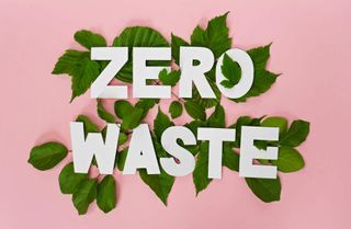 zero waste paper text with green leaves on pink background