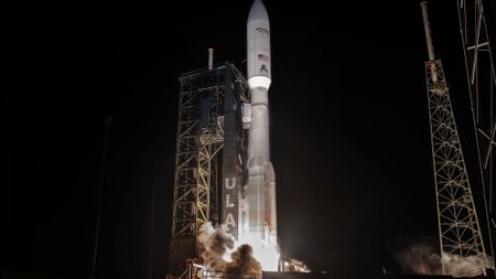 A United Launch Alliance Atlas V rocket lifts off from Cape Canaveral Space Force Station on April 4, 2026, carrying 29 satellites for the Amazon Leo broadband constellation.