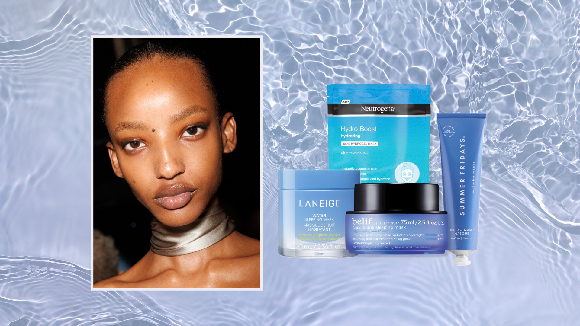 an edit of a model with clear skin next to a handful of hydrating face masks