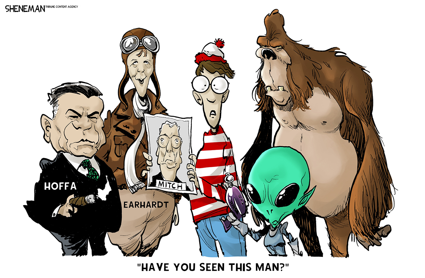 Jimmy Hoffa, Amelia Earhardt, Waldo, an alien, and Big Foot are standing together. Waldo has a photo of Mitch McConnell and says, &amp;ldquo;Have you seen this man?&amp;rdquo;