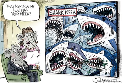 Political cartoon U.S. shark week republicans Trump
