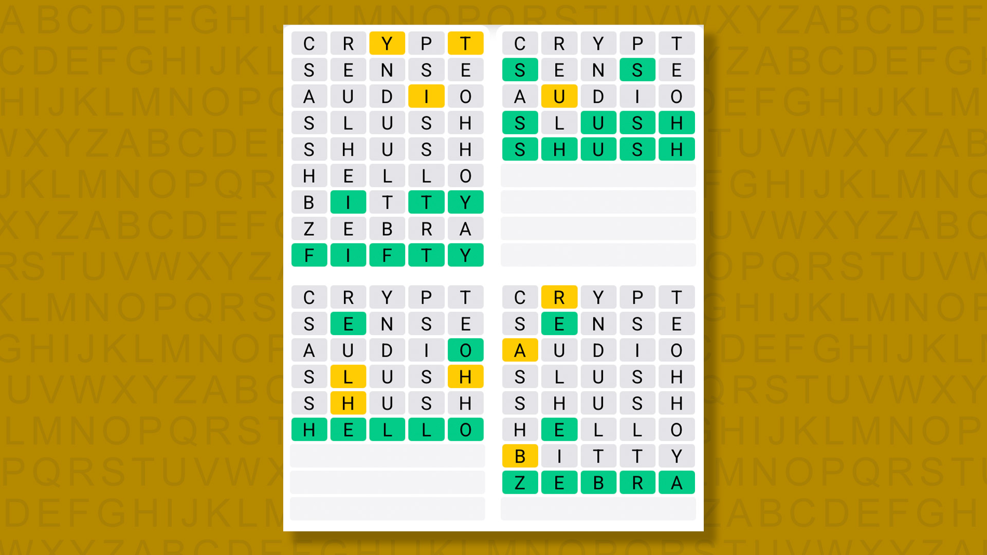 Quordle answers for game 1534 on a yellow background