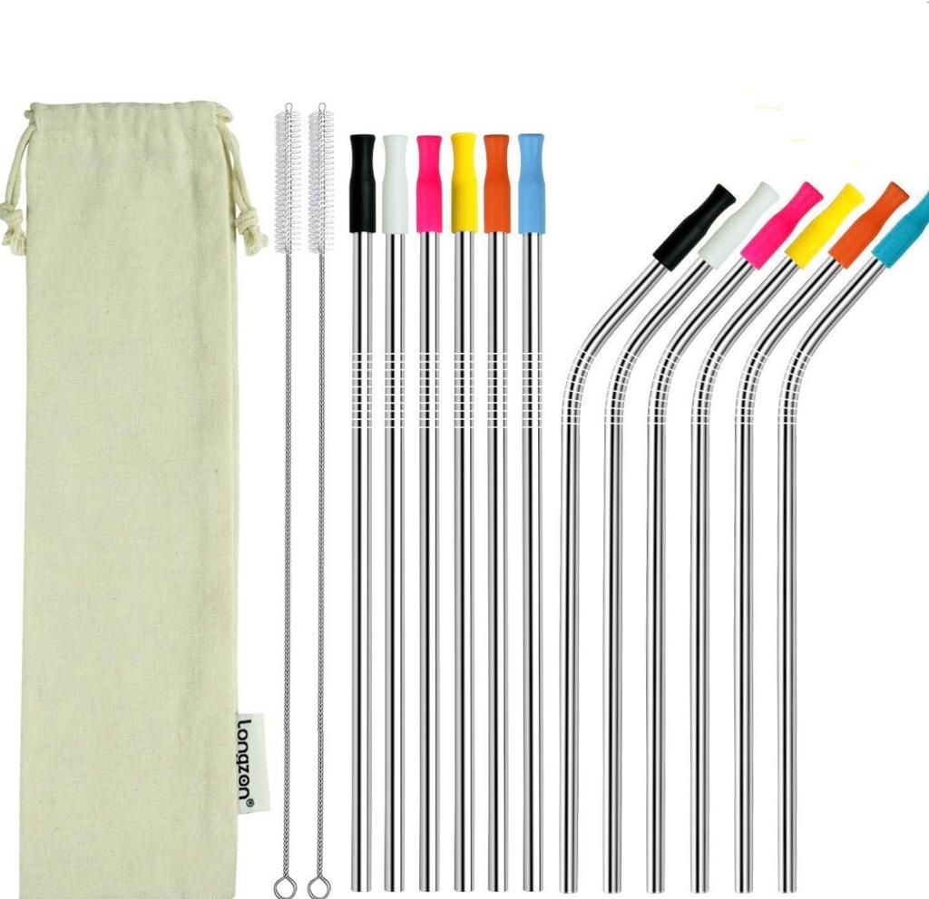 longzon Metal Straw 12 Pack Stainless Steel Straws 8.5’’ Eco Friendly Drinking