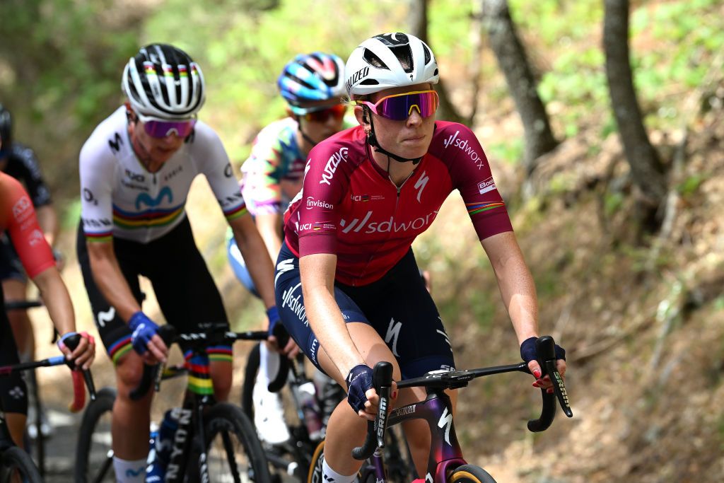 MIRADOR DE PEAS LLANAS SPAIN MAY 05 Demi Vollering of The Netherlands and Team SD Worx Pink UCI Womens WorldTour Leader Jersey competes in the breakaway during the 9th La Vuelta Femenina 2023 Stage 5 a 1292km stage from La Cabrera to Mirador de Peas Llanas 1479m UCIWWT on May 05 2023 in Mirador de Peas Llanas Spain Photo by Dario BelingheriGetty Images